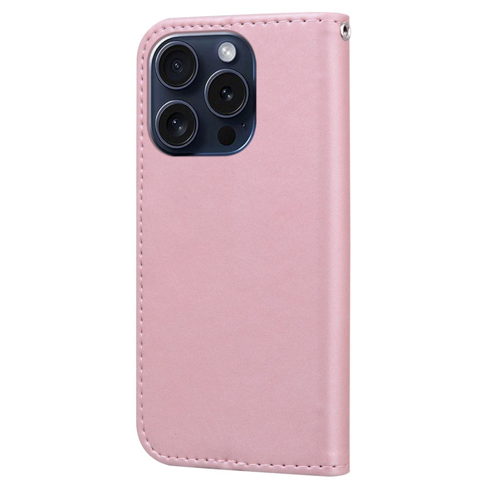 iPhone 15 Pro Flip Cover m. Stropp / stativfunksjon / kortholder - rosa (kanin)