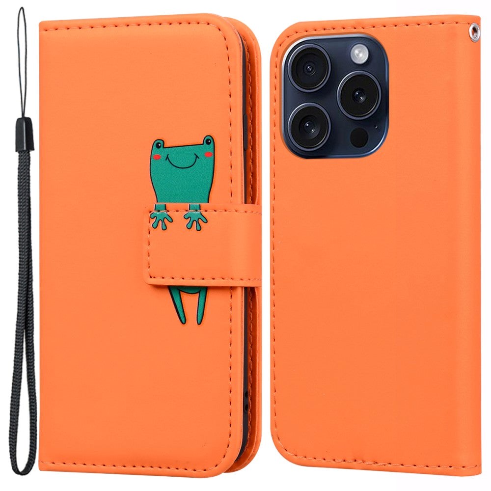 iPhone 15 Pro Flip Cover m. Stropp / stativ funksjon / kortholder - oransje (frosk)