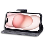 iPhone 15 Flip Cover m. Stropp / stativ funksjon / kortholder - grå (hund)