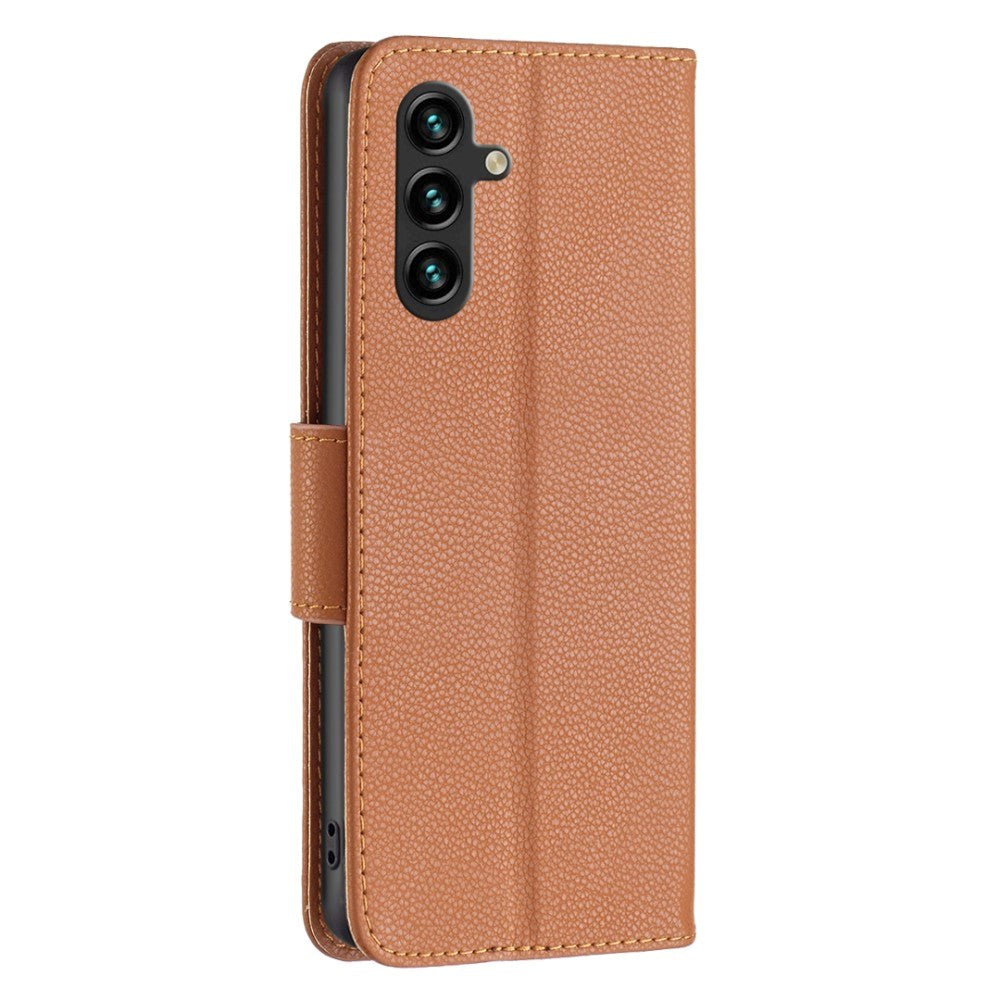 Samsung Galaxy A35 (5G) PU Litchi Leather Flip Cover m. Lommebok og stropp - brun