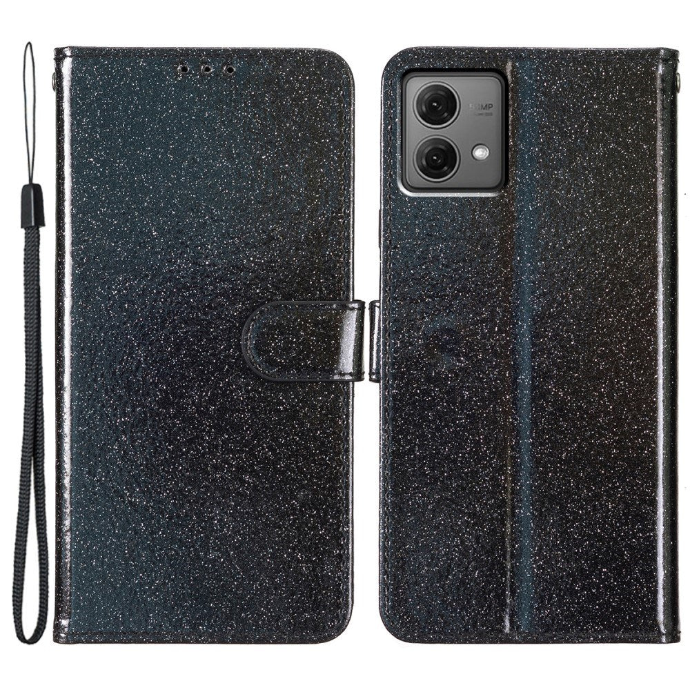 EIDERWOOD Motorola Moto G84 Leather Flip Cover m. Lommebok og stropp - Glitter - Svart
