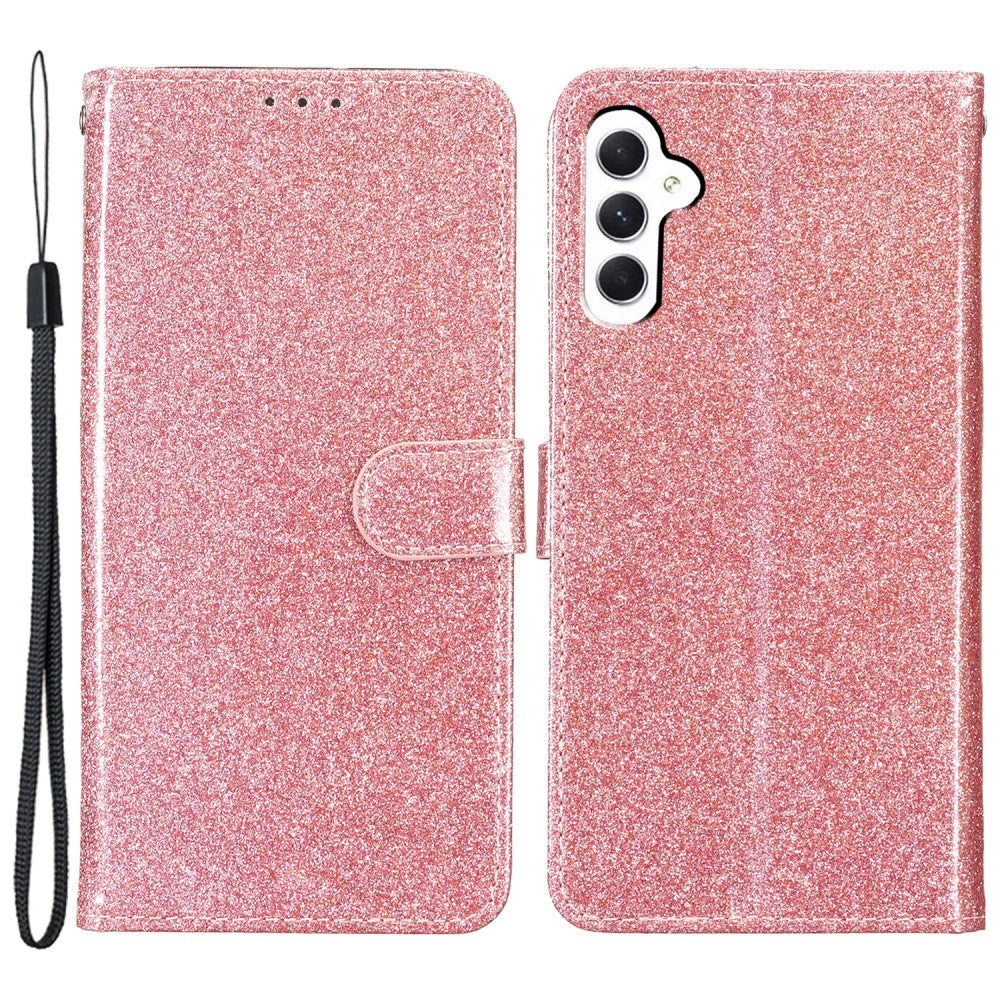 Samsung Galaxy A55 (5G) Flip-deksel i lær m. Veske &amp; stropp - Glitter - Rose gull