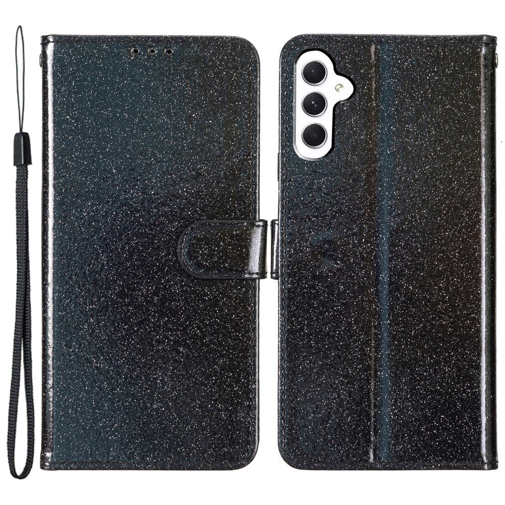 Samsung Galaxy A55 (5G) Flip-deksel i lær m. Lommebok og stropp - Glitter - Svart