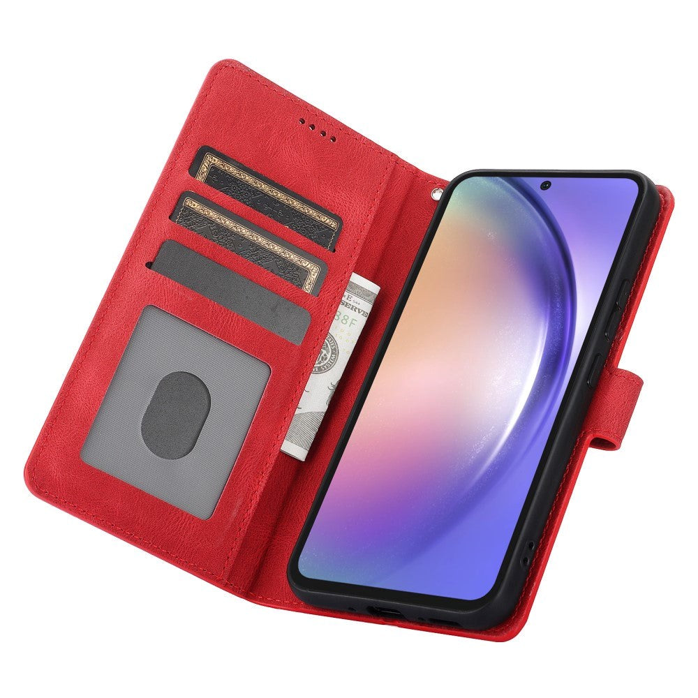 Samsung Galaxy A55 (5G) Læder Flip Cover m. Pung og Strop - Rød