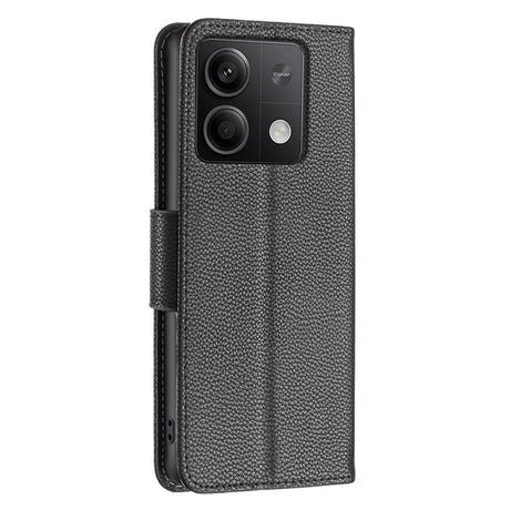 EIDERWOOD Xiaomi Redmi Note 13 (5G) Litchi Leather Flip Cover m. Lommebok og stropp - Svart