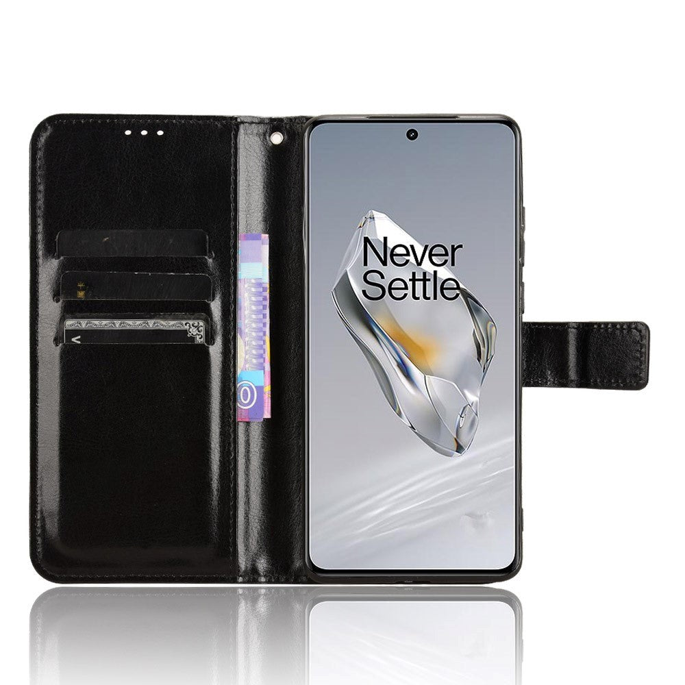 EIDERWOOD OnePlus 12R glanset lær flipdeksel m. Lommebok og stropp - Svart