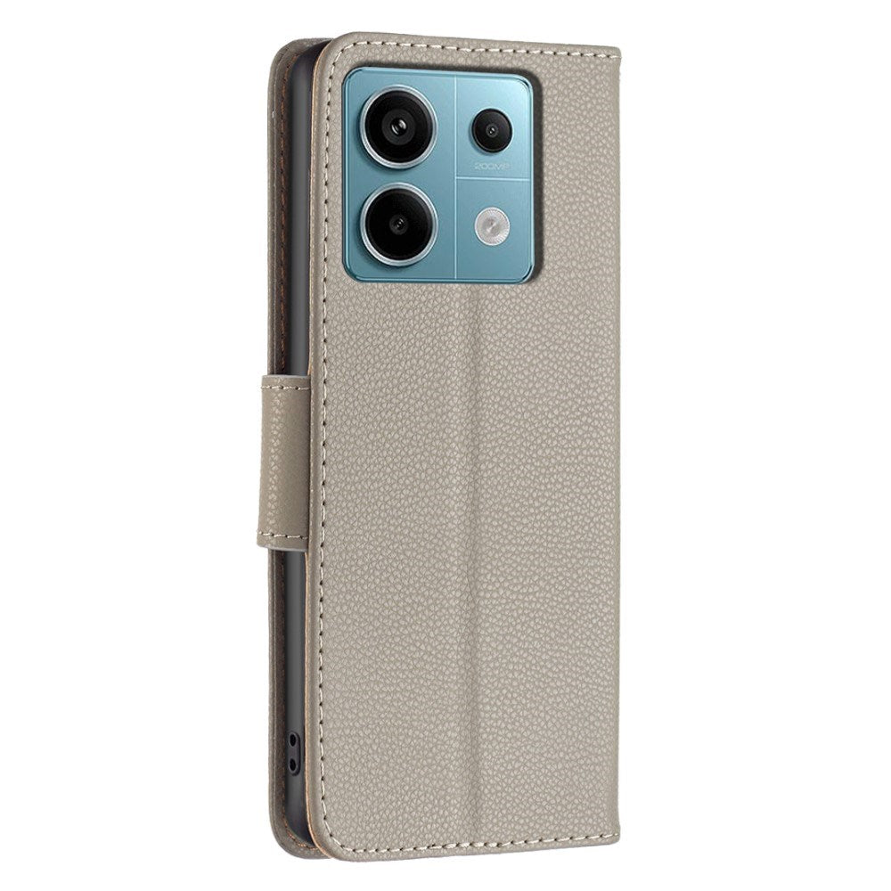 EIDERWOOD Xiaomi Redmi Note 13 Pro (4G) Litchi Leather Flip Cover m. Lommebok og stropp - Grå