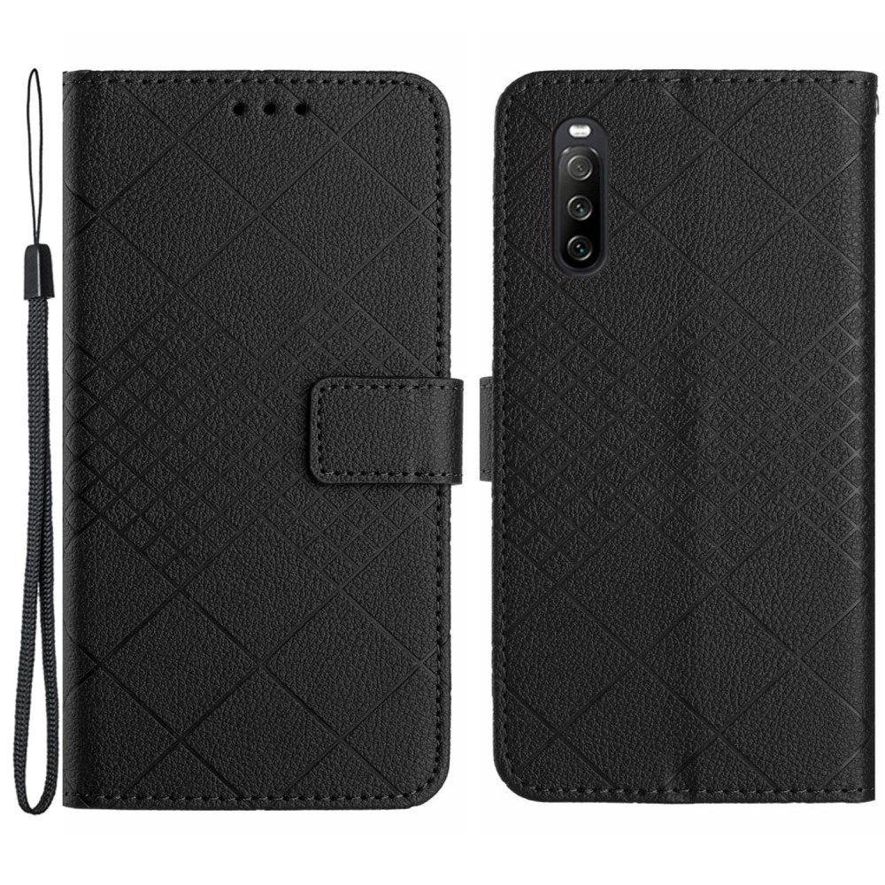 EIDERWOOD Sony Xperia 10 VI Leather Flip Cover m. Lommebok og stropp - Rombegravering - Svart