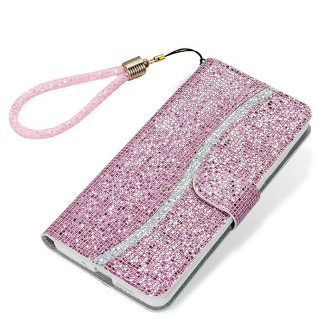 EIDERWOOD Samsung Galaxy S24 / S25 Glitter Flip-deksel - Kortholder og stativfunksjon - Rosa