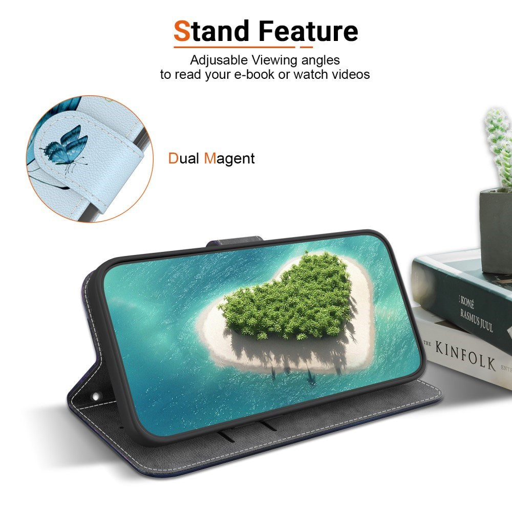 EIDERWOOD iPhone 16e Flip-deksel i kunstskinn m. Veske og stropp - Blå sommerfugl