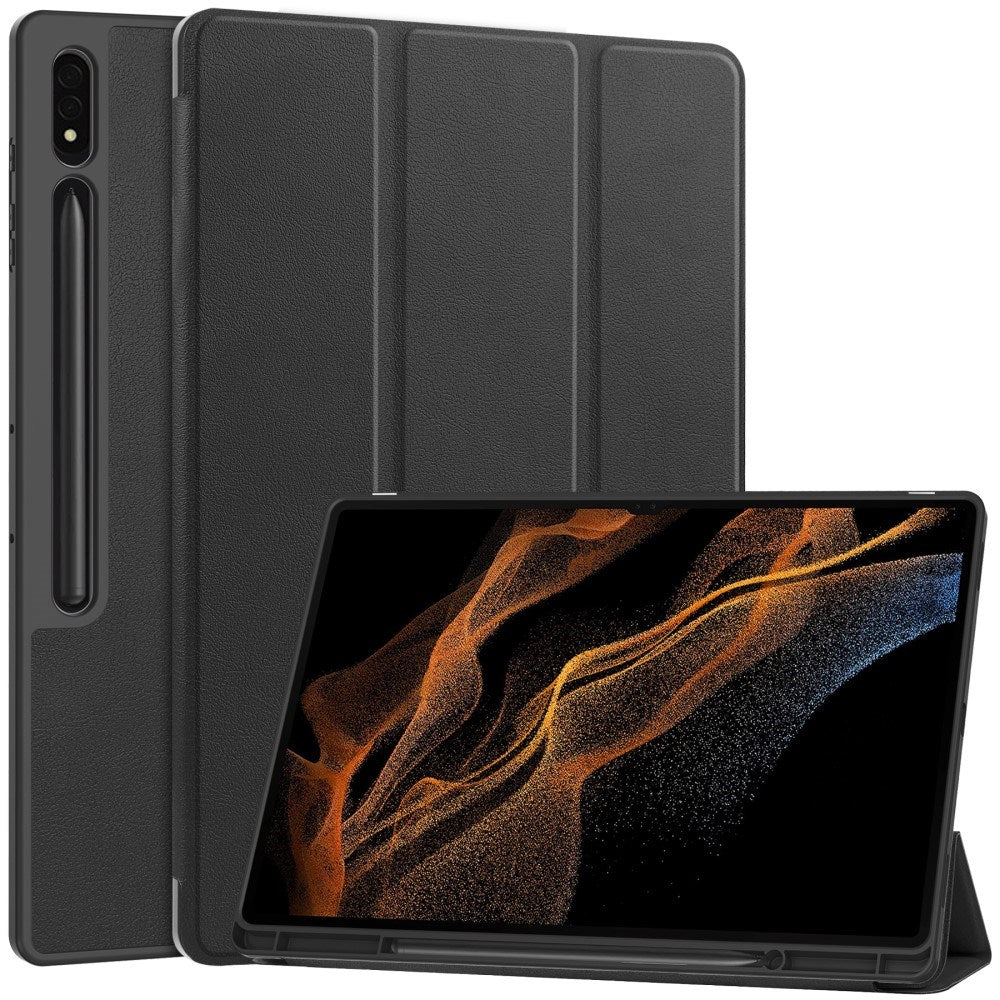 Samsung Galaxy Tab S10 Ultra Tri-Fold Leather Flip Cover m. Stativfunksjon &amp; blyantholder - Sort