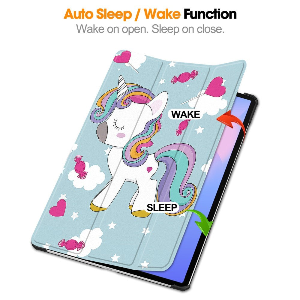 Samsung Galaxy Tab S10 FE+ (Plus) - EIDERWOOD Tri-Fold Kunstlæder Flip Cover m. Mønster - Enhjørning