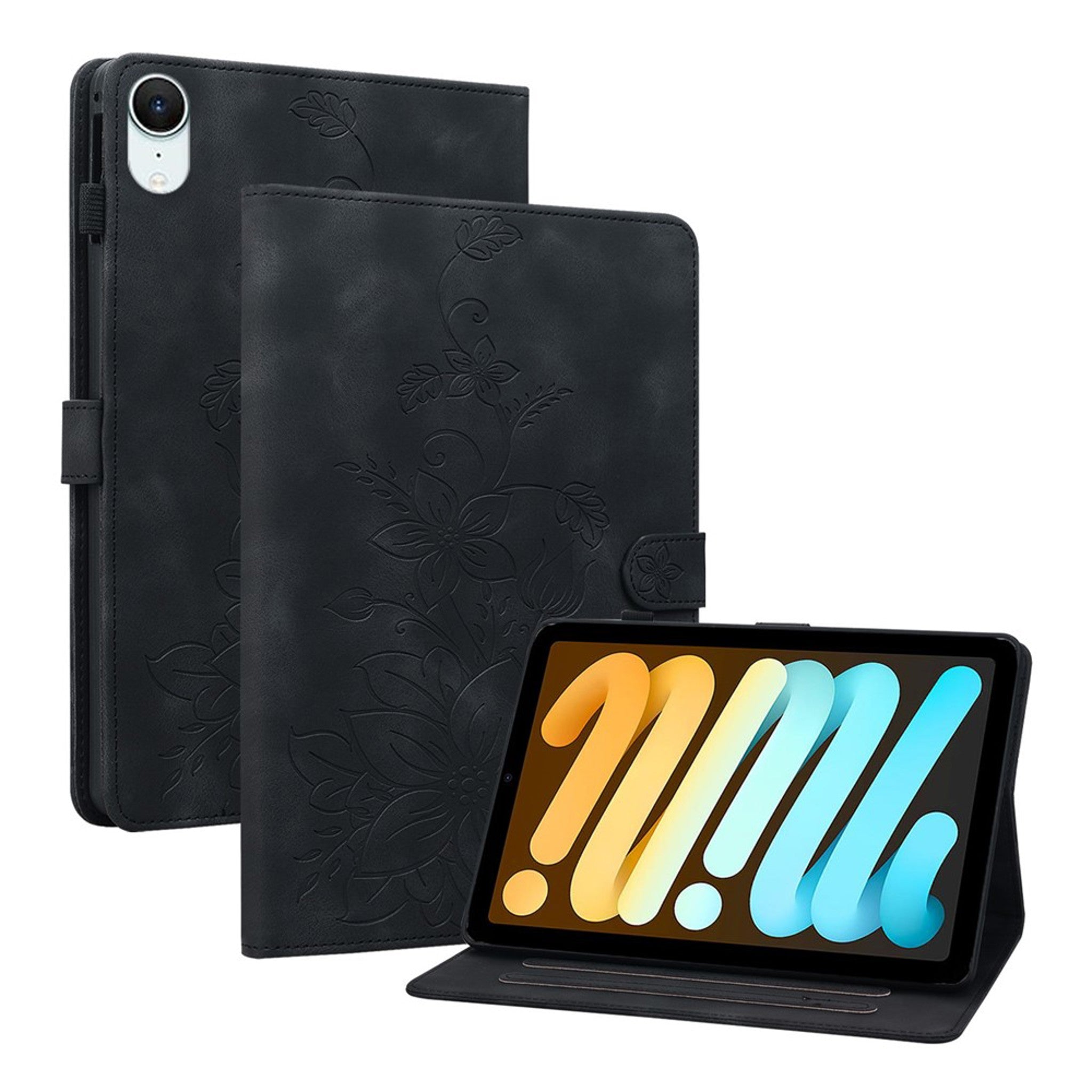 iPad Mini (2026) 8. Gen. EIDERWOOD Kunstlæder Flip Cover - Blomster Tekstureret - Sort