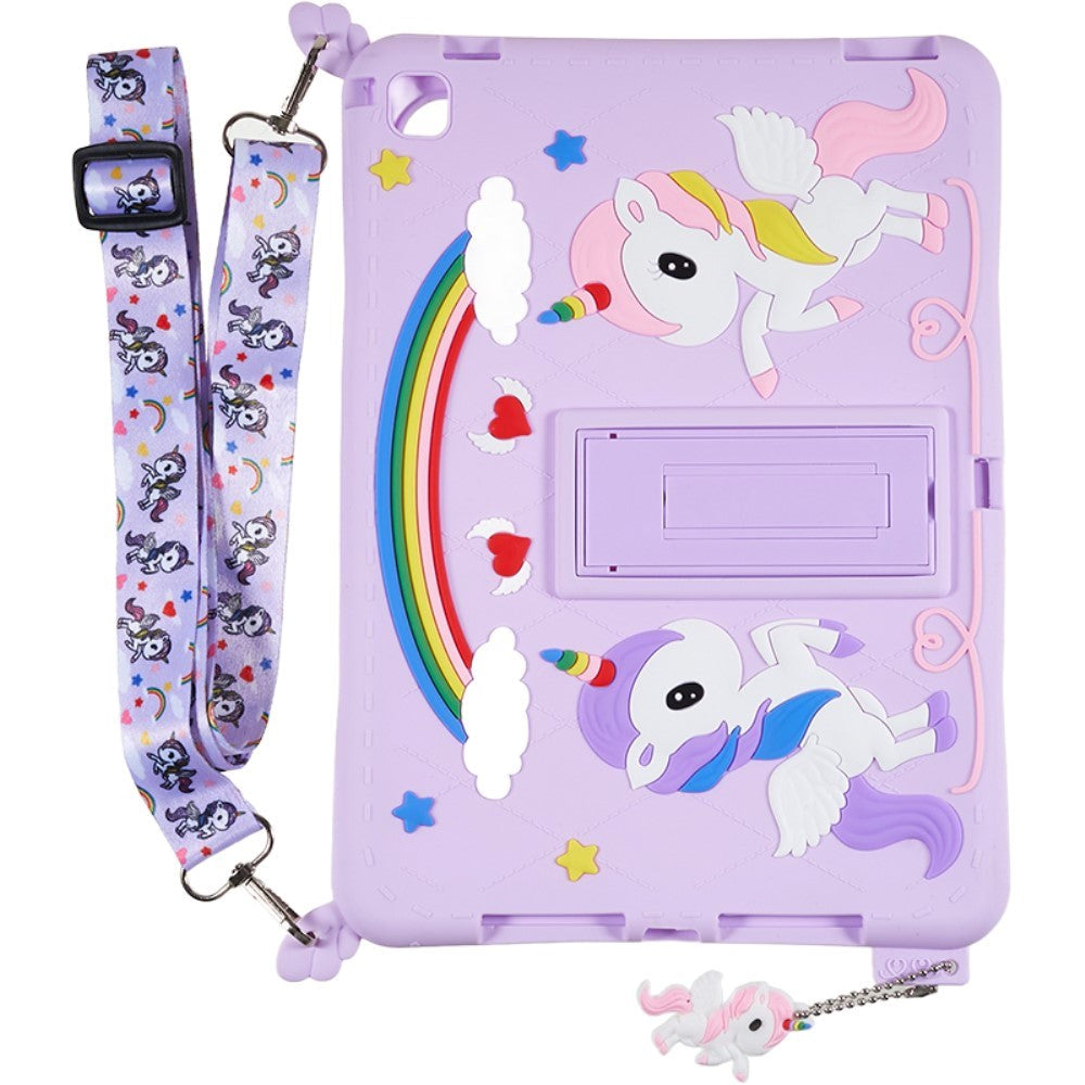 iPad 9.7 (2018-2017) / iPad Air / iPad Air 2 Silikon Bakdeksel m. Stativ, trykk og stropp - Unicorn
