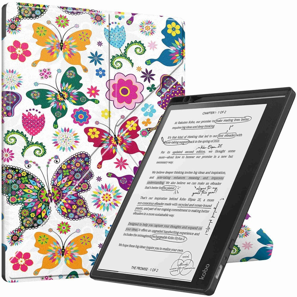 EIDERWOOD Kobo Elipsa 2E Origami Leather Flip Cover m. Penneholder - Fargerike sommerfugler og blomster