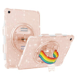 iPad 10,2" (2021 / 2020 / 2019) Bakdeksel i hardplast med håndholder, støtteben og skulderstropp - gjennomsiktig / glitter gull