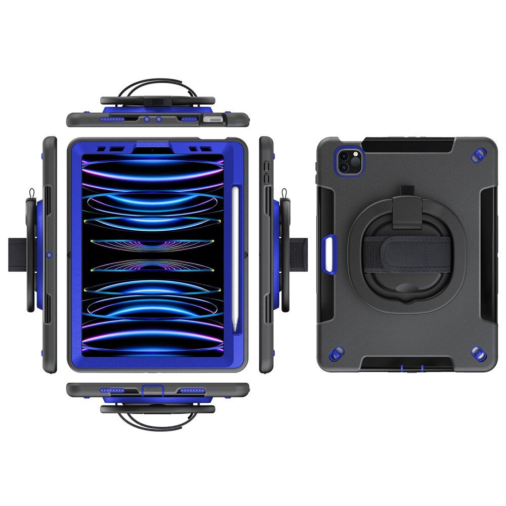 EIDERWOOD iPad Air 10.9-11" (2025-2020) / Pro 11" (2022-2018) Håndværker Cover m. Beskyttelsesfilm & Håndholder - Sort / Koboltblå