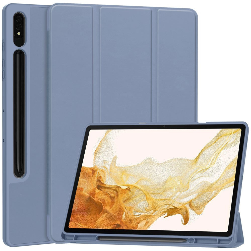 Samsung Galaxy Tab S9+ (Plus) Magnetisk Tri-Fold Leather Flip Cover m. Blyantholder - Blå