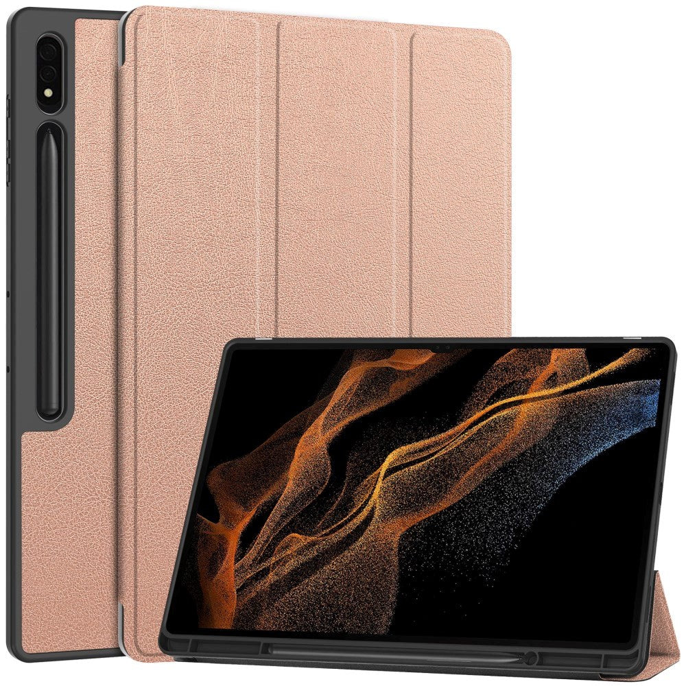 Samsung Galaxy Tab S9 Ultra Tri-Fold Leather Flip Cover m. Stativfunksjon &amp; blyantholder - Rose Gold