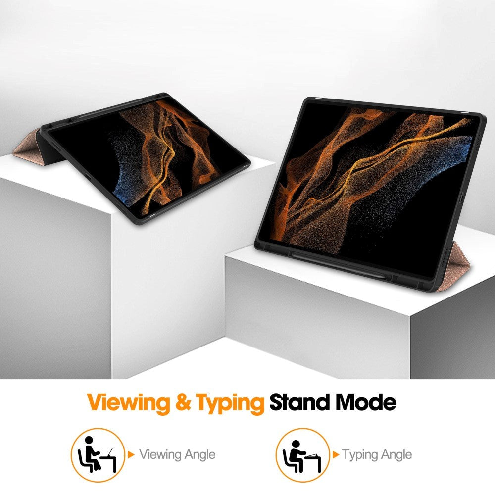 Samsung Galaxy Tab S9 Ultra Tri-Fold Leather Flip Cover m. Stativfunksjon &amp; blyantholder - Rose Gold