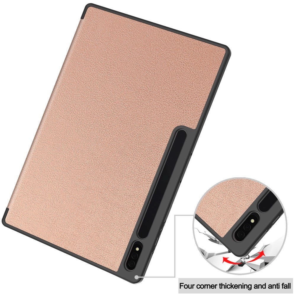 Samsung Galaxy Tab S9 Ultra Tri-Fold Leather Flip Cover m. Stativfunksjon &amp; blyantholder - Rose Gold