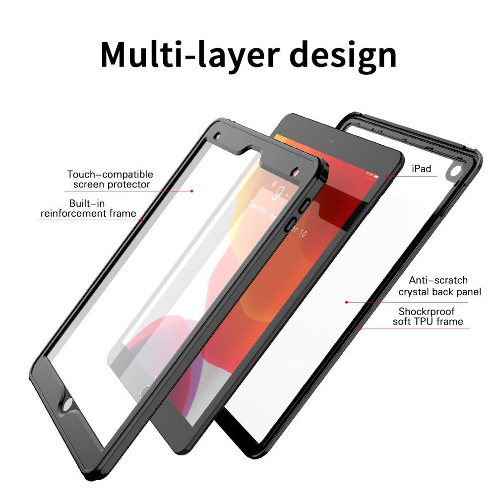 iPad 10,2" (2021 / 2020 / 2019) Vanntett deksel med skjermbeskytter - Gjennomsiktig / Svart