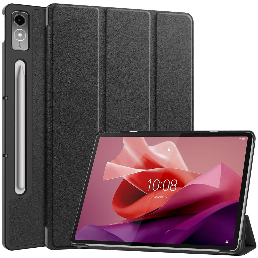 Lenovo Tab P12 Magnetic Tri-Fold Leather Flip Cover m. Blyantholder - Svart
