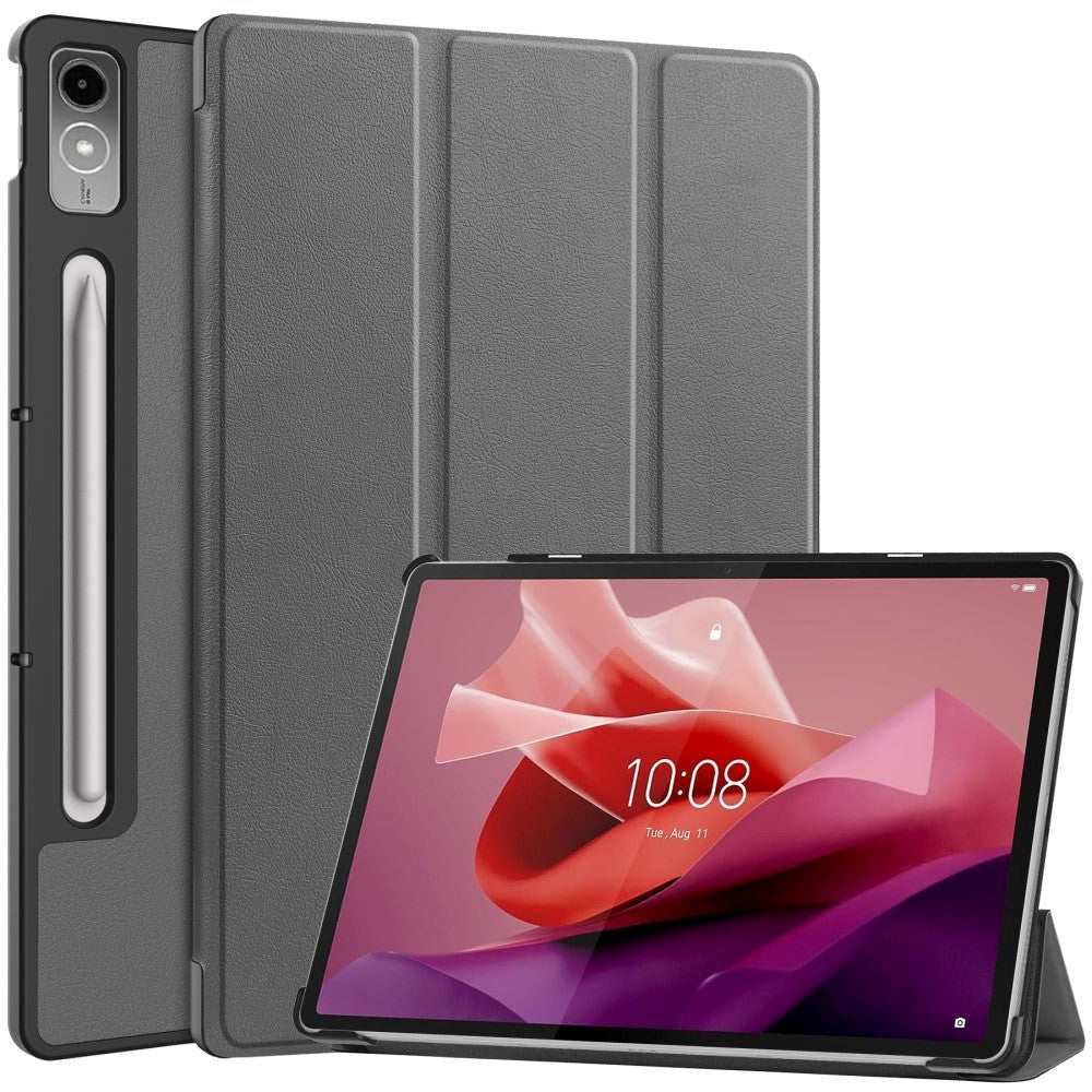 Lenovo Tab P12 Magnetic Tri-Fold Leather Flip Cover m. Blyantholder - Grå