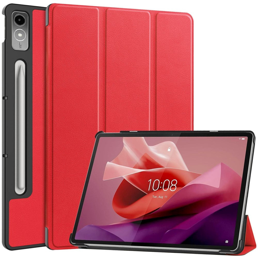 Lenovo Tab P12 Magnetic Tri-Fold Leather Flip Cover m. Blyantholder - Rød