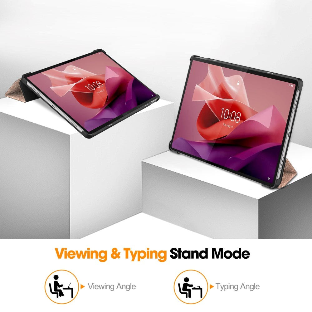 Lenovo Tab P12 Magnetisk Tri-Fold Læder Flip Cover m. Pencil Holder - Rose Gold