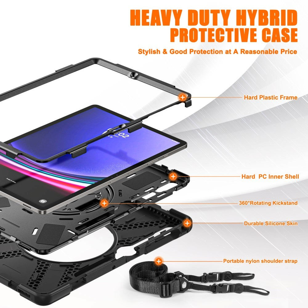 Samsung Galaxy Tab S9+ / S8+ / S7+ (Pluss) / S7 FE Craftsman Bakdeksel m. Håndholder, Stativ, Blyantholder &amp; Skulderstropp - Svart