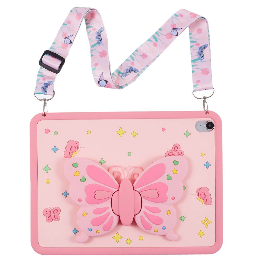 iPad 11" (2025) / iPad 10.9" (2024/2022) Barnedeksel - Butterfly Kickstand Silikondeksel m. Skulderstropp - Rosa