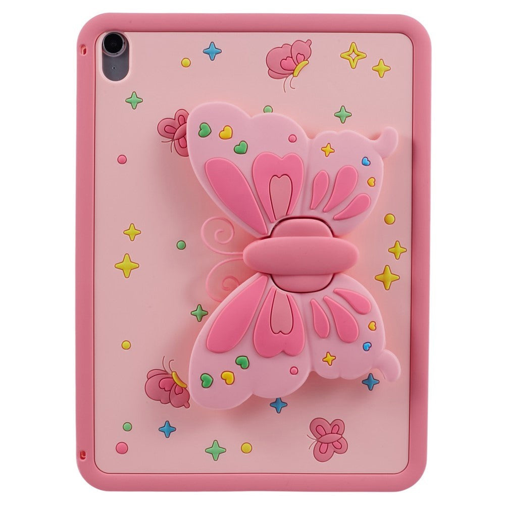 iPad 11" (2025) / iPad 10.9" (2024/2022) Barnedeksel - Butterfly Kickstand Silikondeksel m. Skulderstropp - Rosa