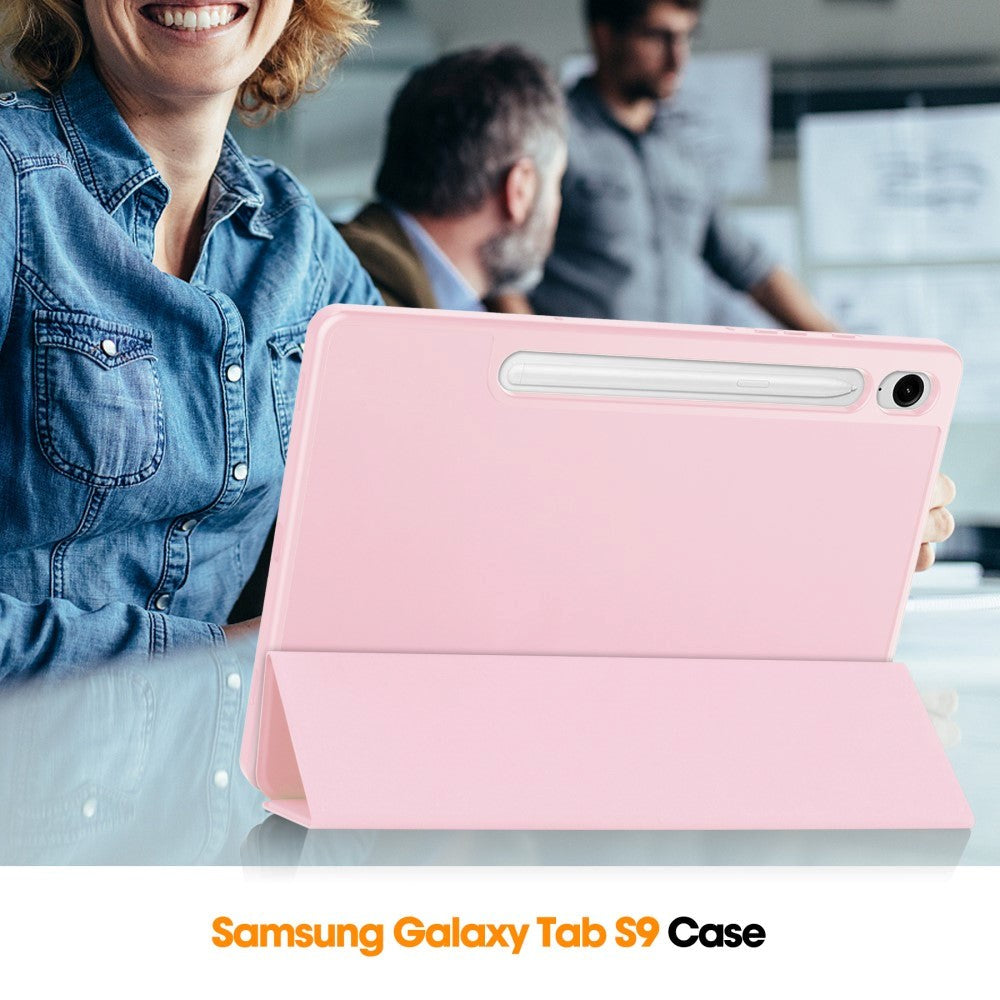 Samsung Galaxy Tab S9 FE Magnetisk Tri-Fold Leather Flip Cover m. Blyantholder - Rosa