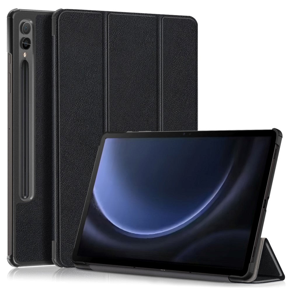 Samsung Galaxy Tab S9 FE + (pluss) Tri-Fold Leather Flip Cover m. Stativfunksjon - Sort