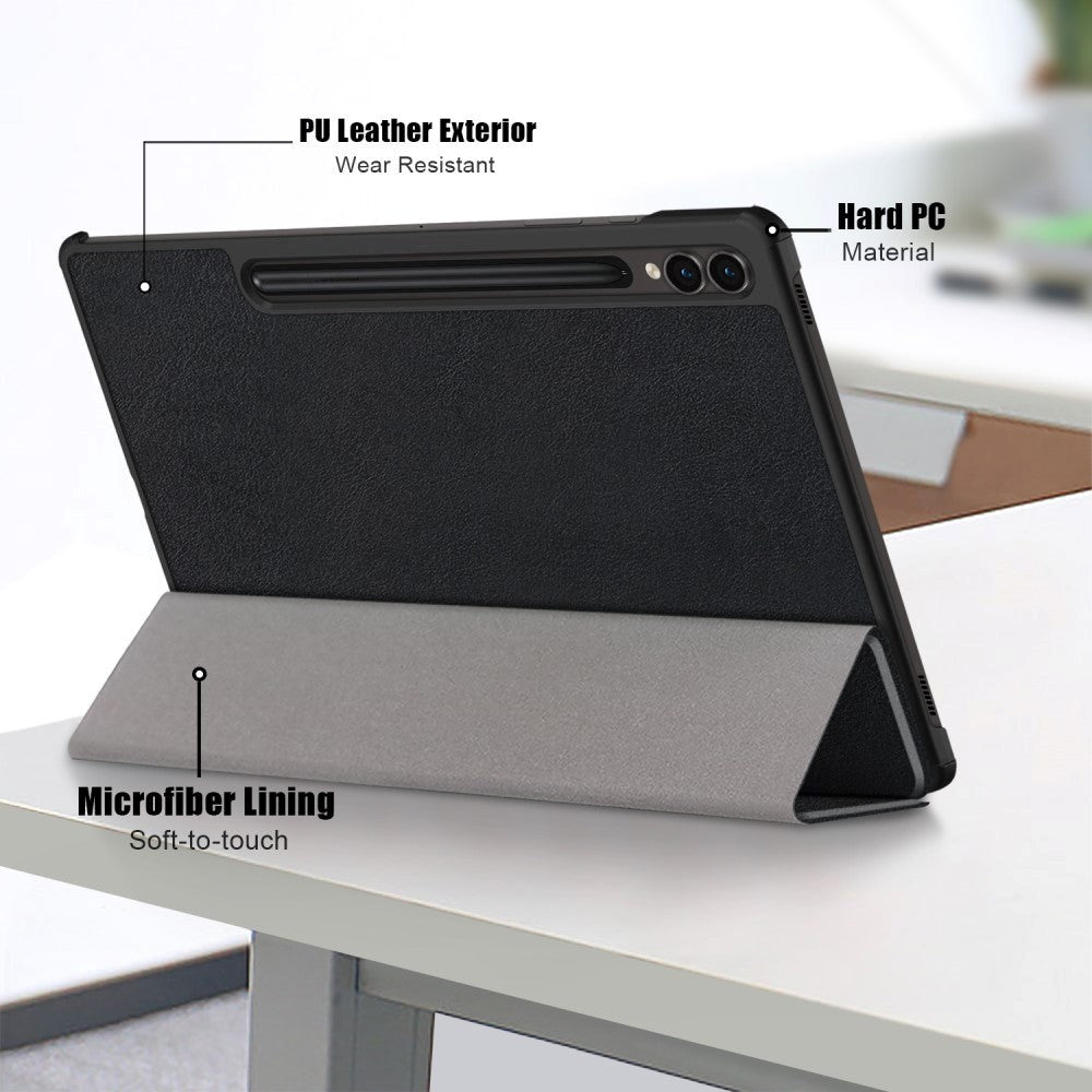 Samsung Galaxy Tab S9 FE + (pluss) Tri-Fold Leather Flip Cover m. Stativfunksjon - Sort