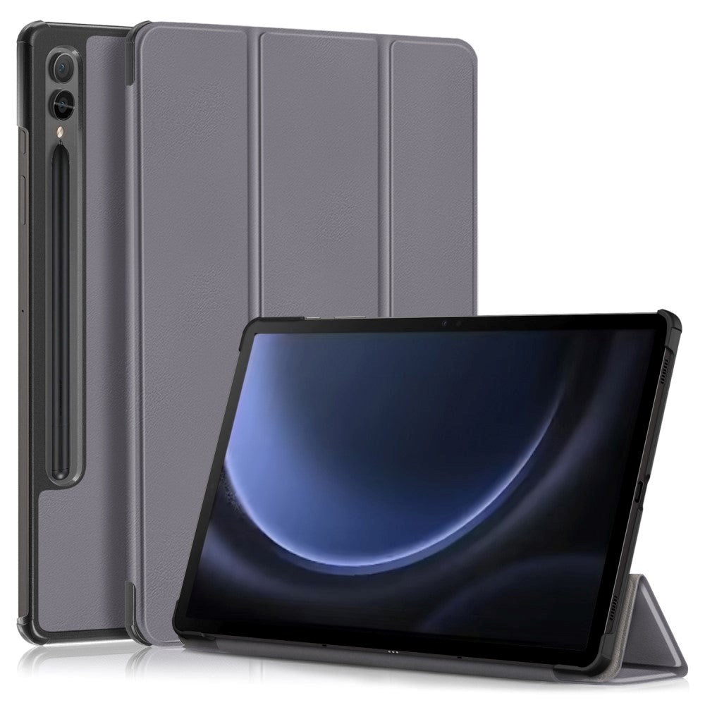 Samsung Galaxy Tab S9 FE + (pluss) Tri-Fold Leather Flip Cover m. Stativfunksjon - Grå