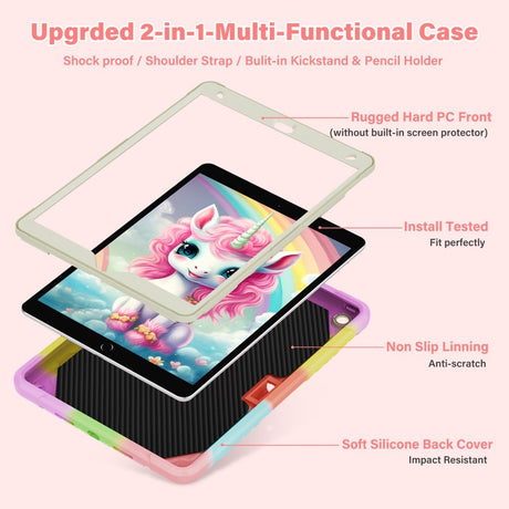 EIDERWOOD iPad 10,2" (2021 / 2020 / 2019) Unicorn Kickstand Kids Case - Rainbow / Beige