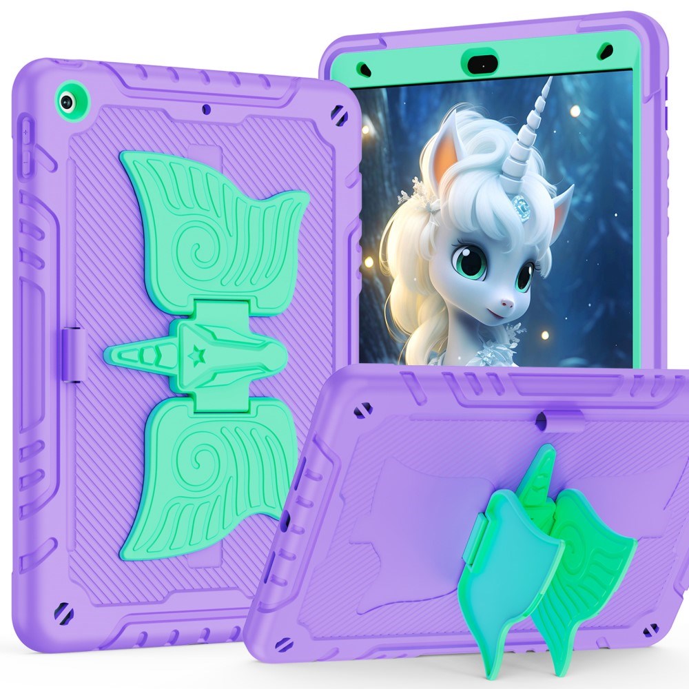 EIDERWOOD iPad 10,2" (2021 / 2020 / 2019) Unicorn Kickstand Kids Case - Lilla / Grønn
