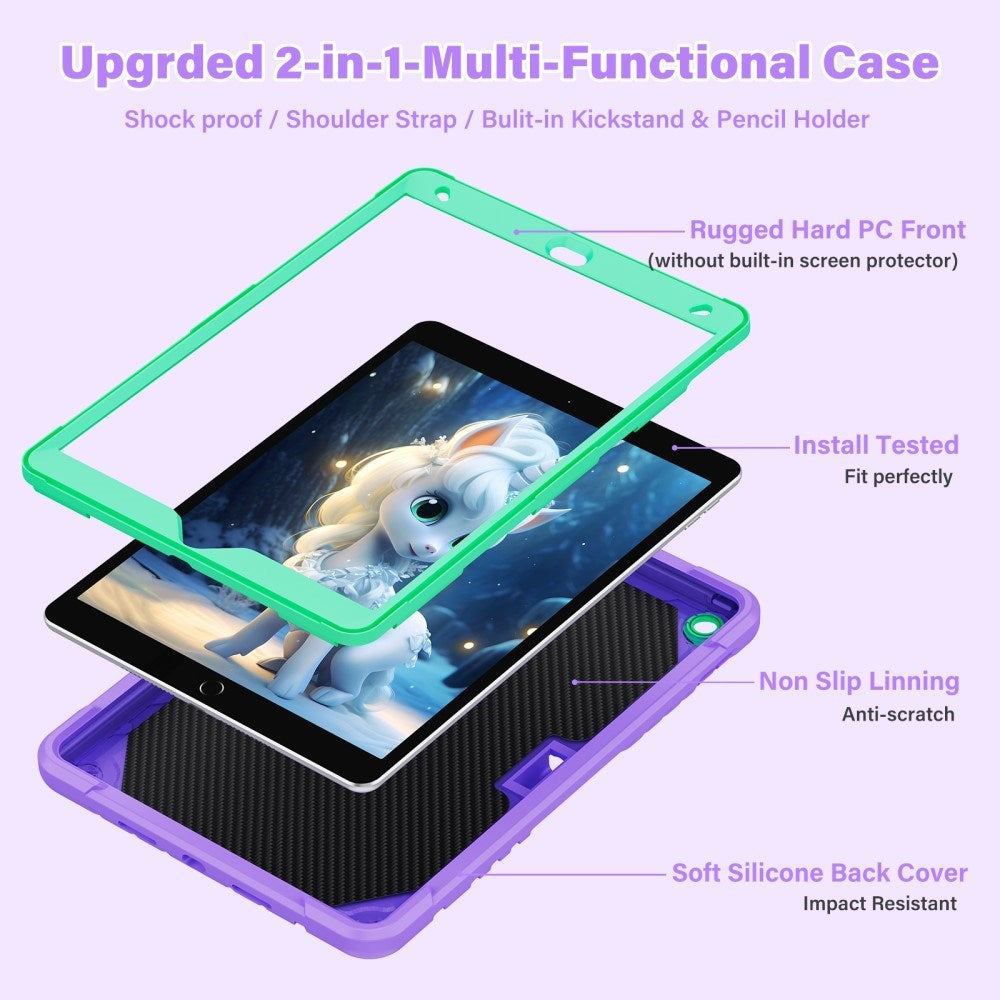 EIDERWOOD iPad 10,2" (2021 / 2020 / 2019) Unicorn Kickstand Kids Case - Lilla / Grønn