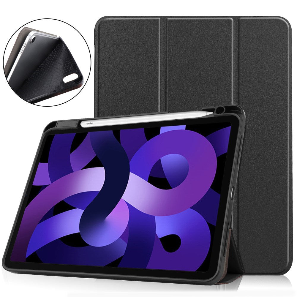 EIDERWOOD iPad Air 11" (2025 / 2024) Litchi Tri-Fold Leather Flip Cover med Apple blyantholder - svart
