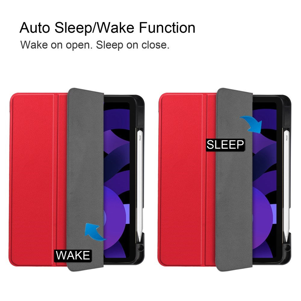 EIDERWOOD iPad Air 11" (2025 / 2024) Litchi Tri-Fold Leather Flip Cover m. Apple blyantholder - rød