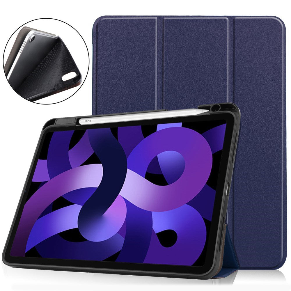 EIDERWOOD iPad Air 11" (2025 / 2024) Litchi Tri-Fold Leather Flip Cover m. Apple blyantholder - mørkeblå