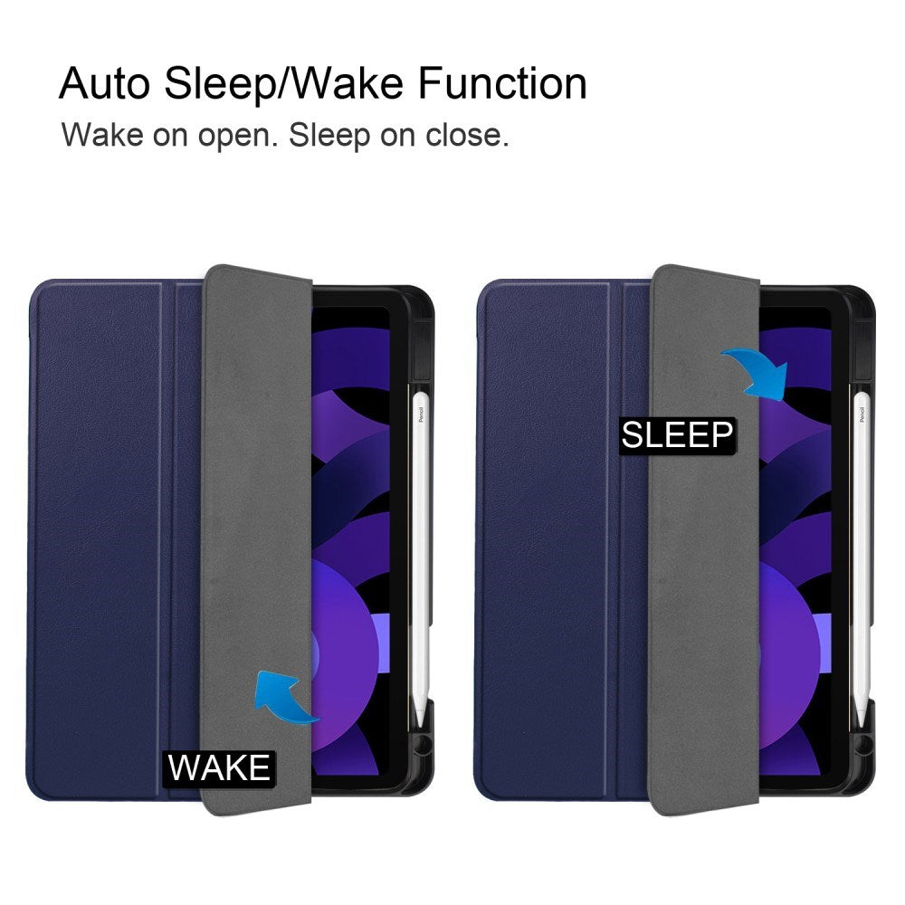 EIDERWOOD iPad Air 11" (2025 / 2024) Litchi Tri-Fold Leather Flip Cover m. Apple blyantholder - mørkeblå