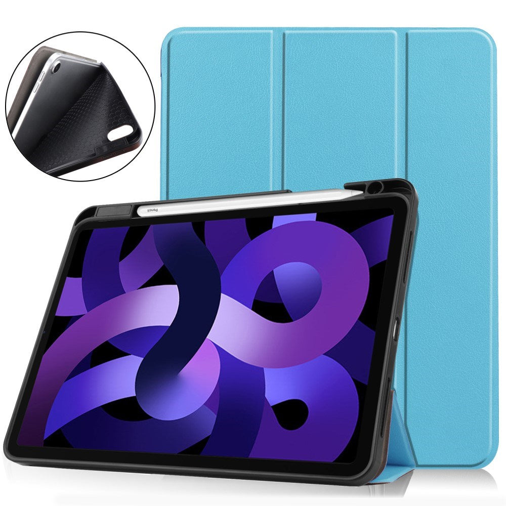 EIDERWOOD iPad Air 11" (2025 / 2024) Litchi Tri-Fold Leather Flip Cover m. Apple blyantholder - lyseblå
