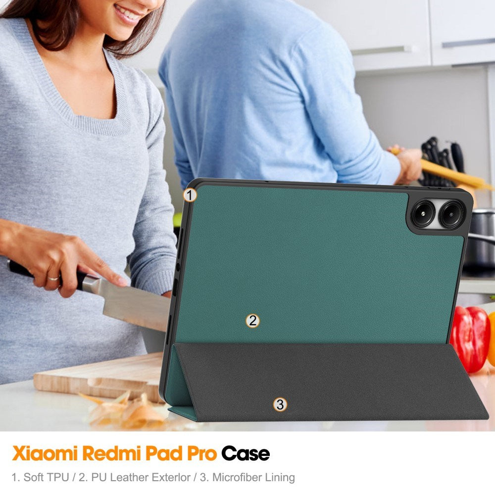EIDERWOOD Xiaomi Redmi Pad Pro Tri-Fold flip-deksel i kunstskinn m. Stylus blyantholder - Grønn