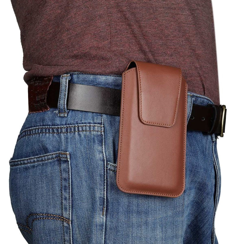 Universal lærveske for mobil m. Karabinkrok - brun (maks. mobil: 170 x 85 mm)