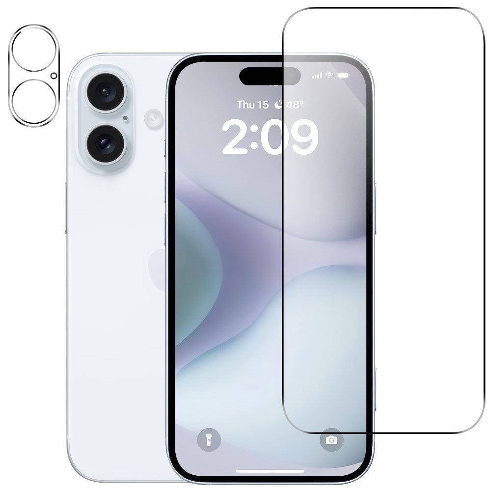 iPhone 16 2-i-1 pakkekameralinsebeskytter og skjermbeskytter i herdet glass - gjennomsiktig