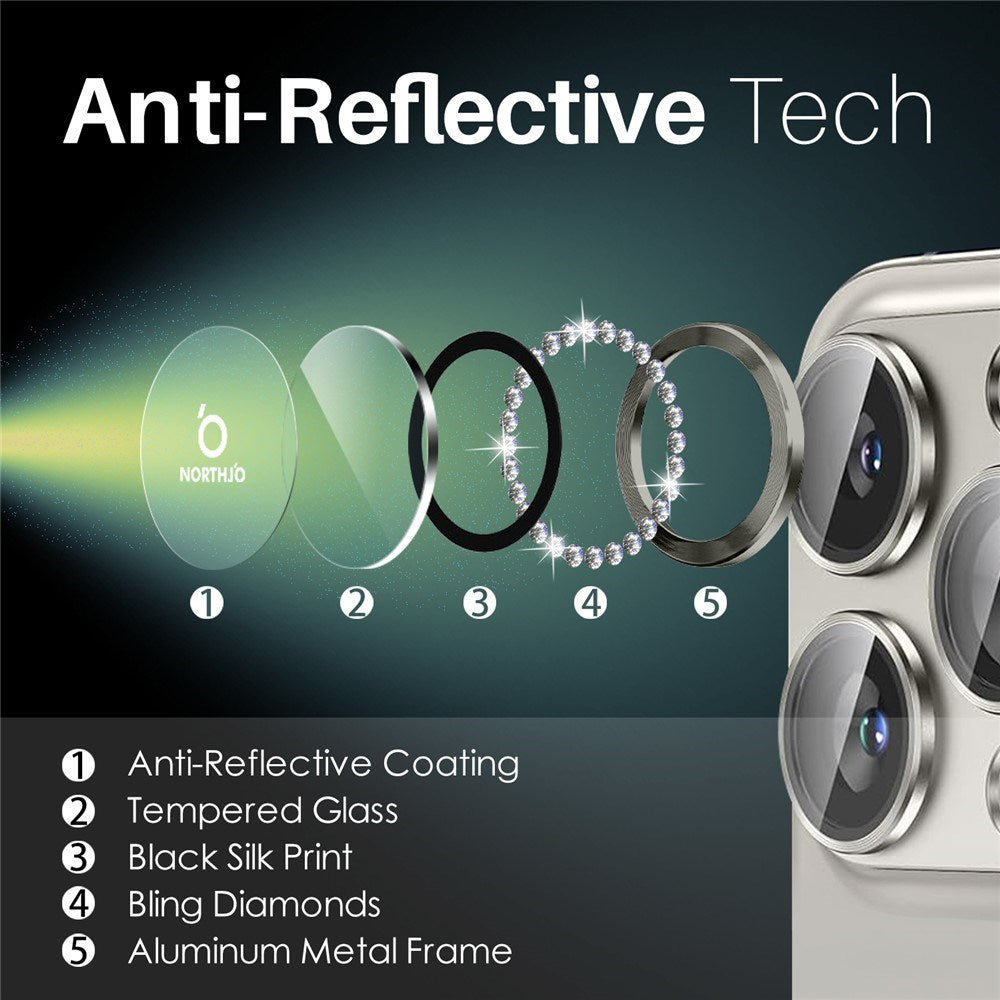 NORTHJO iPhone 16 Pro / 16 Pro Max Beskyttelse til Kameralinse m. Pyntesten - Beige