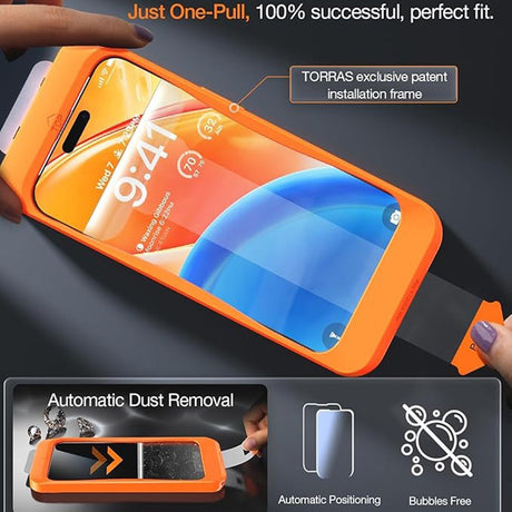 TORRAS - iPhone 15 / 14 Pro - Full Fit Hærdet Skærmbeskyttelsesglas inkl. Installationsramme - Gennemsigtig